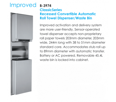Bobrick Recessed Convertible Automatic Roll Towel Dispenser/ Waste Bin